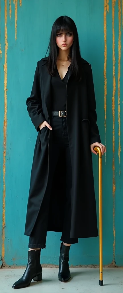 Priyanka chopra wearing hijab, blue jeans, lighg blue top, black long jacket, sneakers, side bag and no body skin is visible