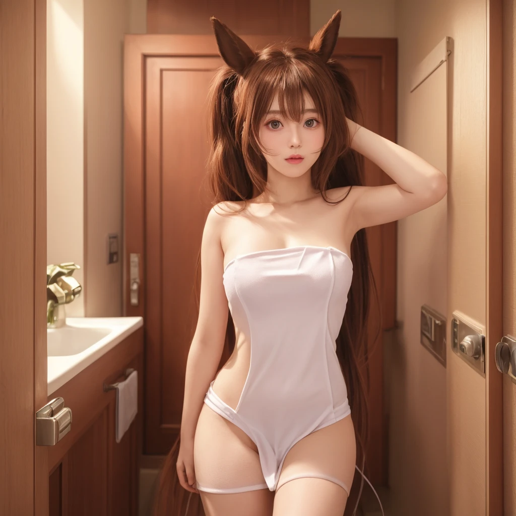 ​masterpiece、top-quality、hight resolution、1girl in、Silence Suzuka(Umamusume)、horse ear、brown colored long hair、A slender、tiny chest、Green eyes、Pink nipples standing up、Subtle breasts、maikurobikini、Fluffy swimsuit、Very long hair、brown haired、uminoie、in a house、a bed、M-shaped legs、Happiness、full body Esbian