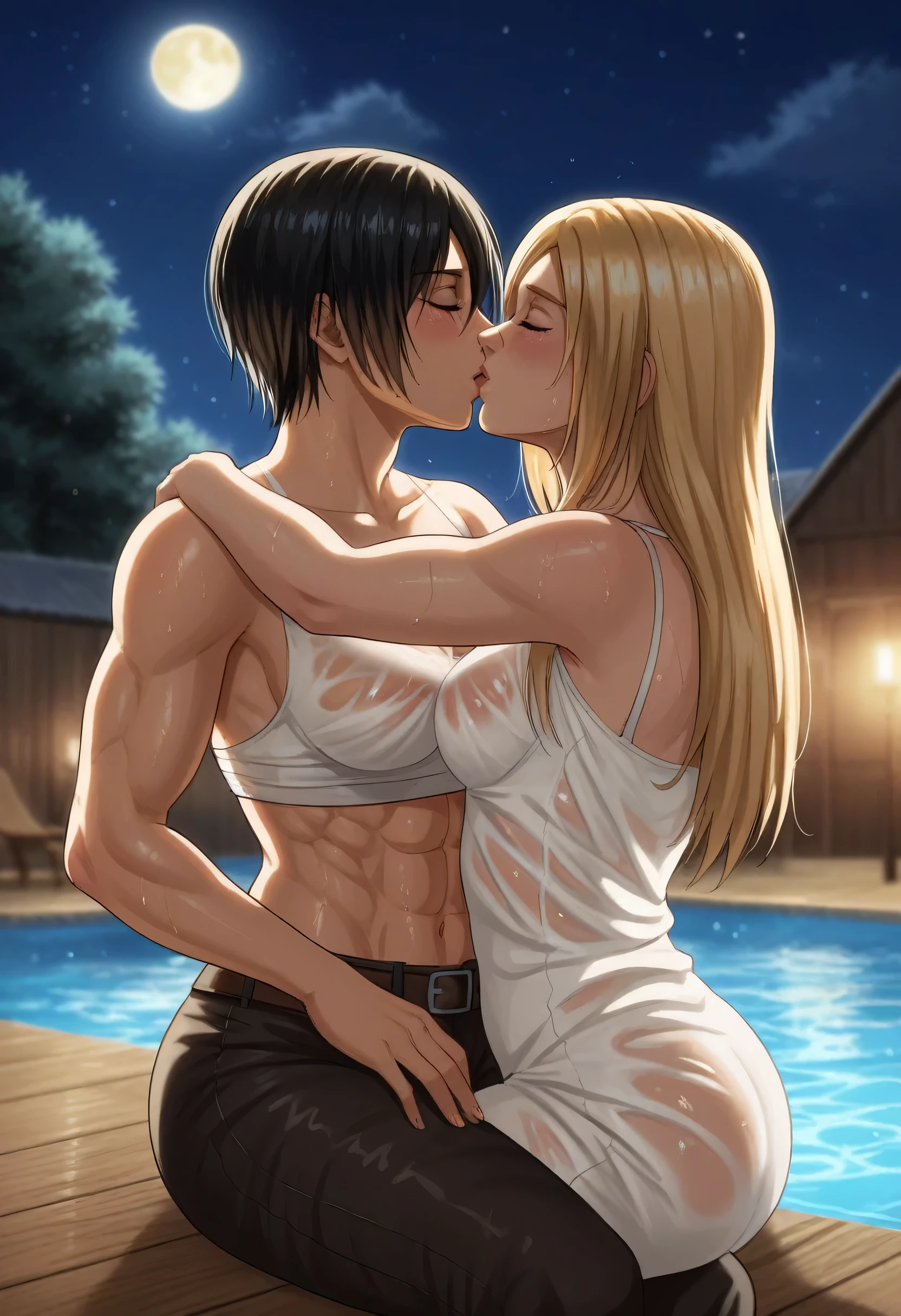 score_9, score_8_up, score_7_up, BREAK source_anime, historia reiss, blue eyes, blonde hair, long hair, medium breasts,naked,smile,sitting in beach,historia have a sex with mikasa ackrman,