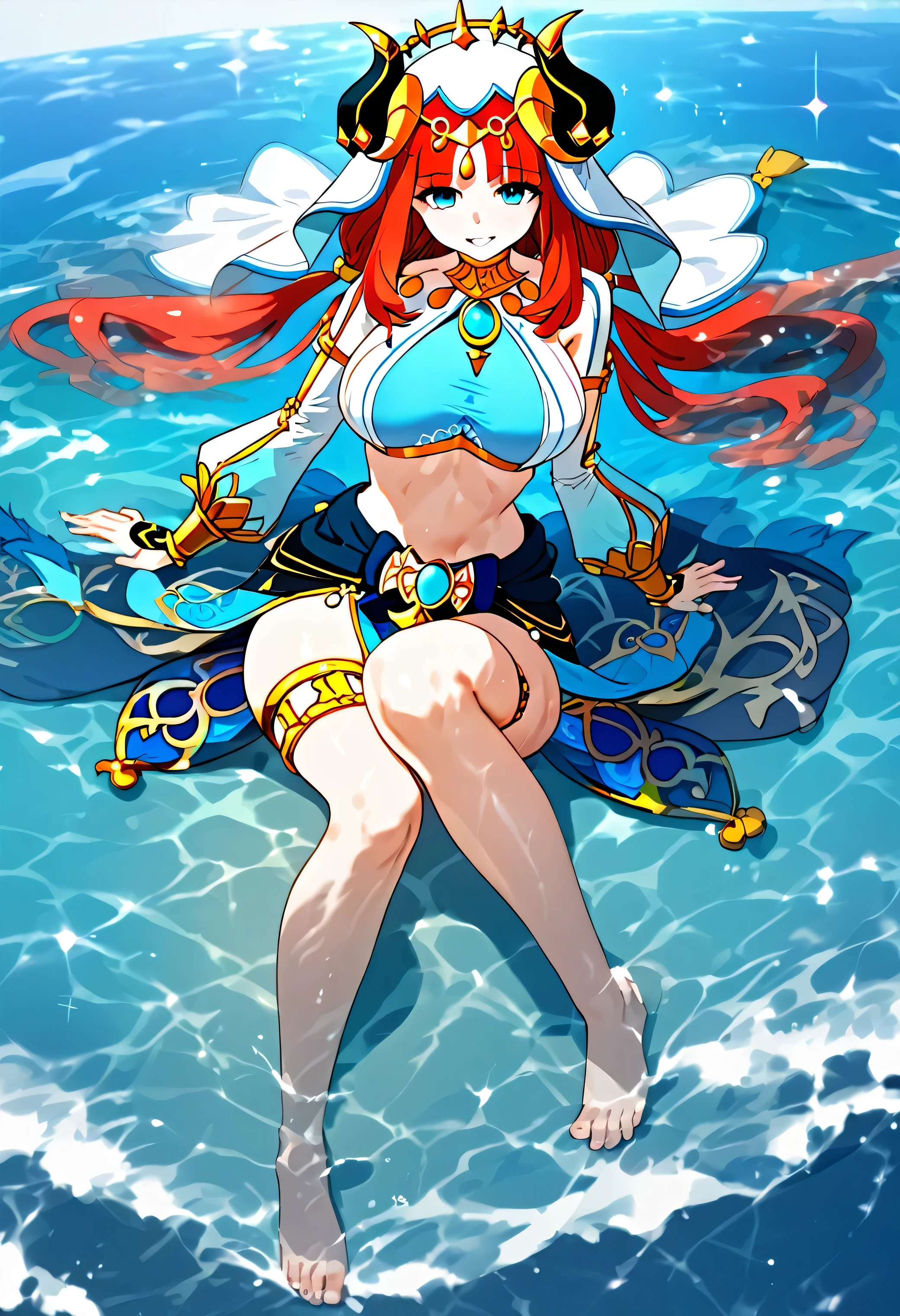Ganyu, Genshin Impact, Praia, Bikini branco, obra prima, hd, melhor qualidade, boa anatomia,  pernas cruzadas