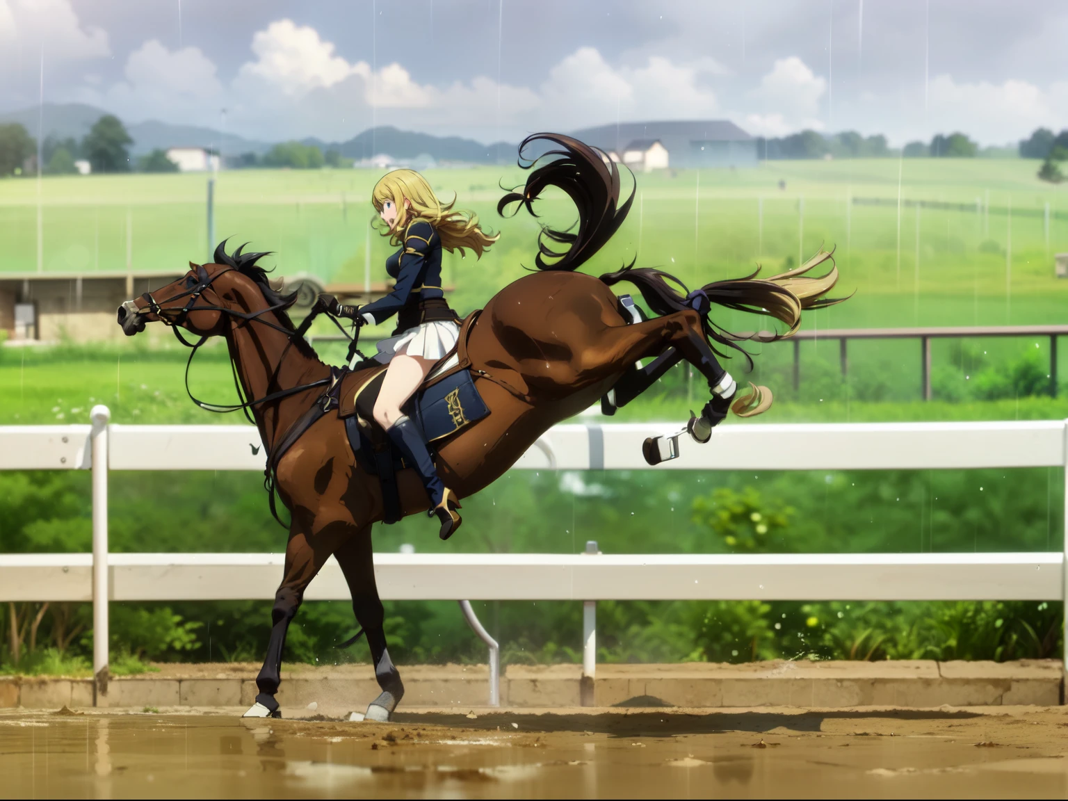 ((best quality)), ((anime masterpiece)), (high detailed), 8k, cinematic lighting, perfect face, surprised face:1, a young female knight riding a HORSE, horse falling, in the mud, raining, open mouth:0.1, (blue eyes, long hair, {blonde hair}, large breast), (brown armor, black gloves, miniskirt, bare legs, silver greaves), (brown horse, saddle, reins, bridle, stirrups), splashes,  solo, both hand holding rein, from side: 1.2, anatomically correct 