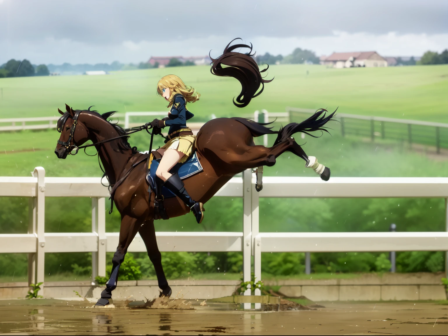 ((best quality)), ((anime masterpiece)), (high detailed), 8k, cinematic lighting, perfect face, surprised face:1, a young female knight riding a HORSE, horse falling, in the mud, raining, open mouth:0.1, (blue eyes, long hair, {blonde hair}, large breast), (brown armor, black gloves, miniskirt, bare legs, silver greaves), (brown horse, saddle, reins, bridle, stirrups), splashes,  solo, both hand holding rein, from side: 1.2, anatomically correct 