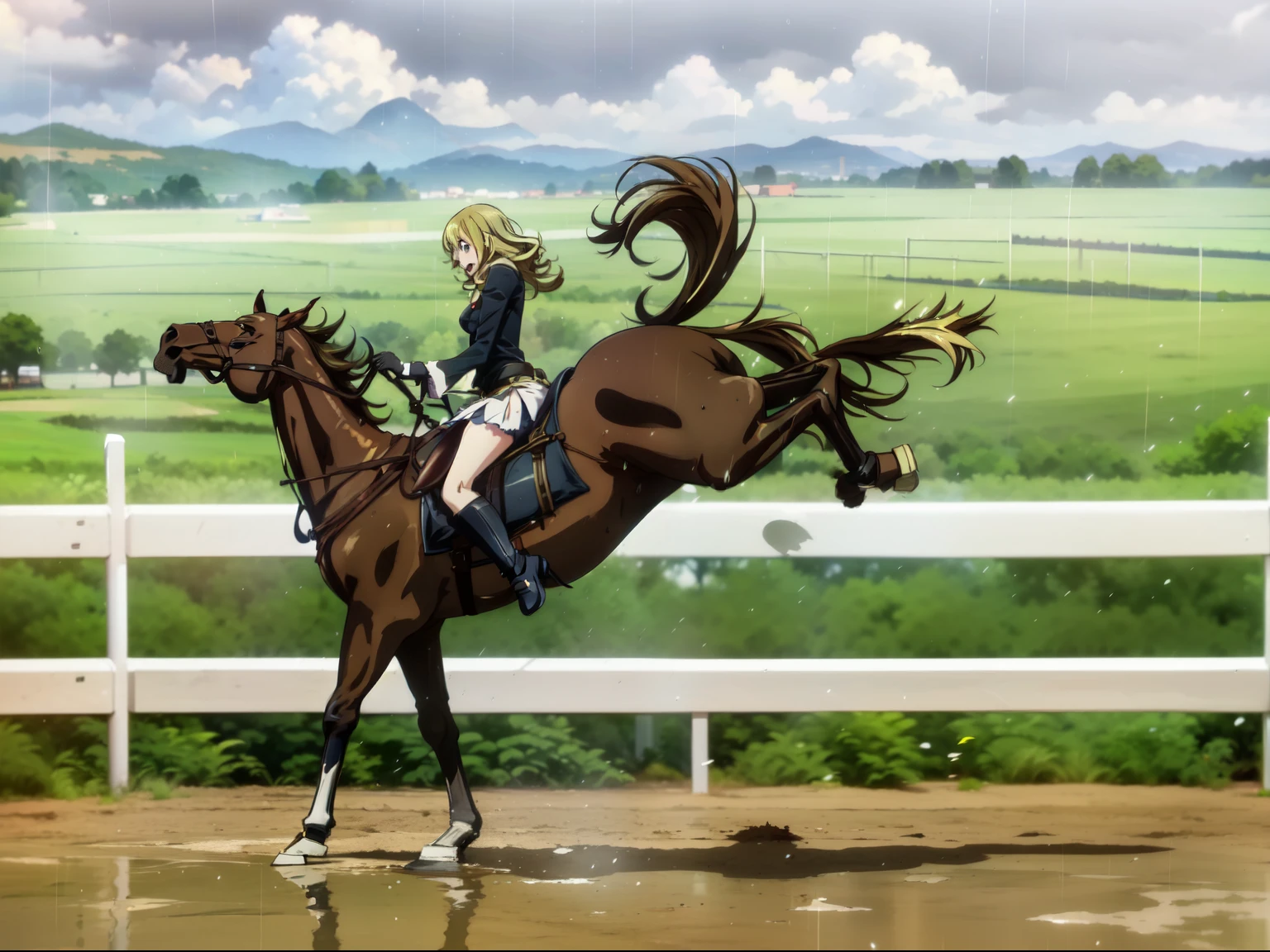 ((best quality)), ((anime masterpiece)), (high detailed), 8k, cinematic lighting, perfect face, surprised face:1, a young female knight riding a HORSE, horse falling, in the mud, raining, open mouth:0.1, (blue eyes, long hair, {blonde hair}, large breast), (brown armor, black gloves, miniskirt, bare legs, silver greaves), (brown horse, saddle, reins, bridle, stirrups), splashes,  solo, both hand holding rein, from side: 1.2, anatomically correct 