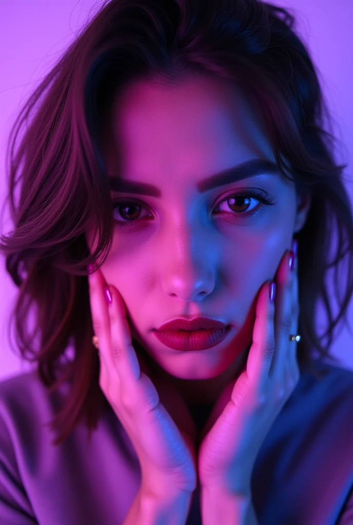 beautiful woman with "yandere expression", purple lighting, woman's hands on her checks, close-up looking at the viewer.