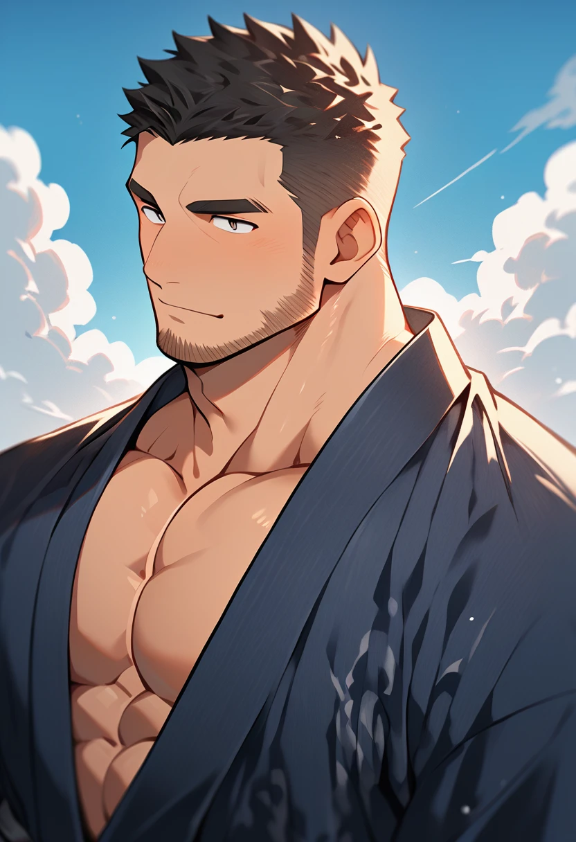 Anime character: Priapus, muscular 30-something male, shaved head, masculinity, male focus, yukata, full and firm chest muscles, muscular male, muscular, short black hair, thick eyebrows, stubble,