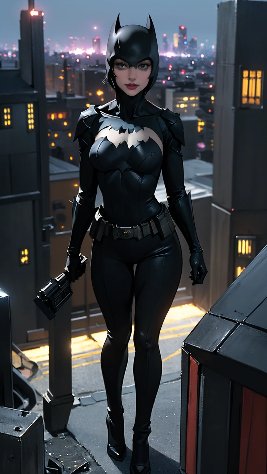 ((masterpiece, Highest quality, High resolution, Realistic, to be born, 16k wallpaper)),（(She spreads her legs sexy and seduces men.:1.5)),Standing in a bikini,Maika Monroe Batgirl, (Standing in Honor　shot）,Facing the camera in a menacing pose, Very hot and sexy, Great beauty, Perfect balance, Beautiful body, Slim body beauty: 1.4), Batman standing on a rooftop overlooking the city skyline at night, Gotham city background, nighttime in Gotham city, Gotham city, From the movie Batman, Gotham city double exposure, Gotham city style, Batman film still, metropolis filmic Gotham city, Cyberpunk Batman, Batman movie stills, Batman movie still cinematic, Gotham setting, Batman, Gotham,
