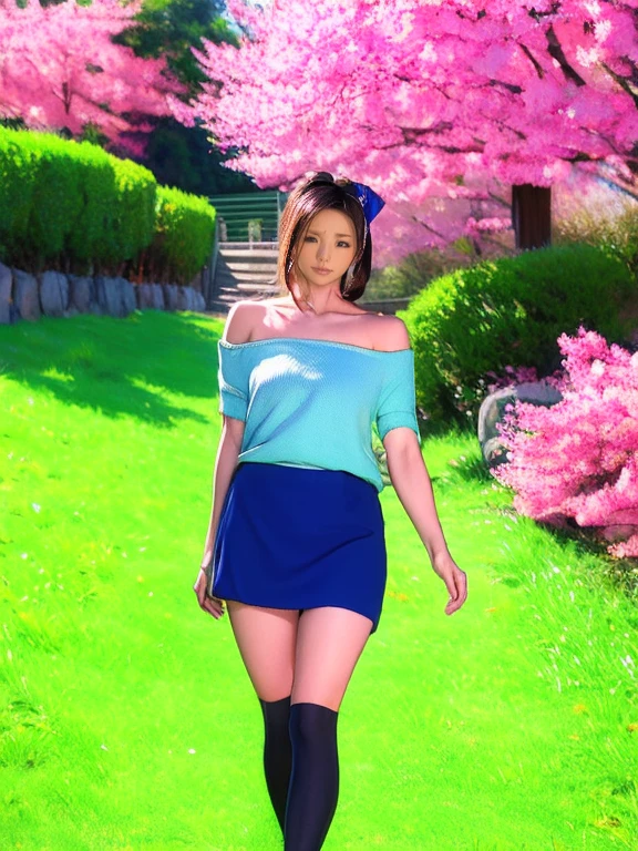 masterpiece, FHD, grassland, a girl, glad, laughing, walking, looking at viewer, aqua hair, brown eyes, tall, slender, knee socks, 20-year-old, japanese, beautiful, realistic photo, absurdly long hair, blue hair, fair skin, off shoulder top, mini skirt, hair ribbon, black eyes, side ponytail, a dog, in the grassland, with a hill, with a cherry blossom, in the afternoon