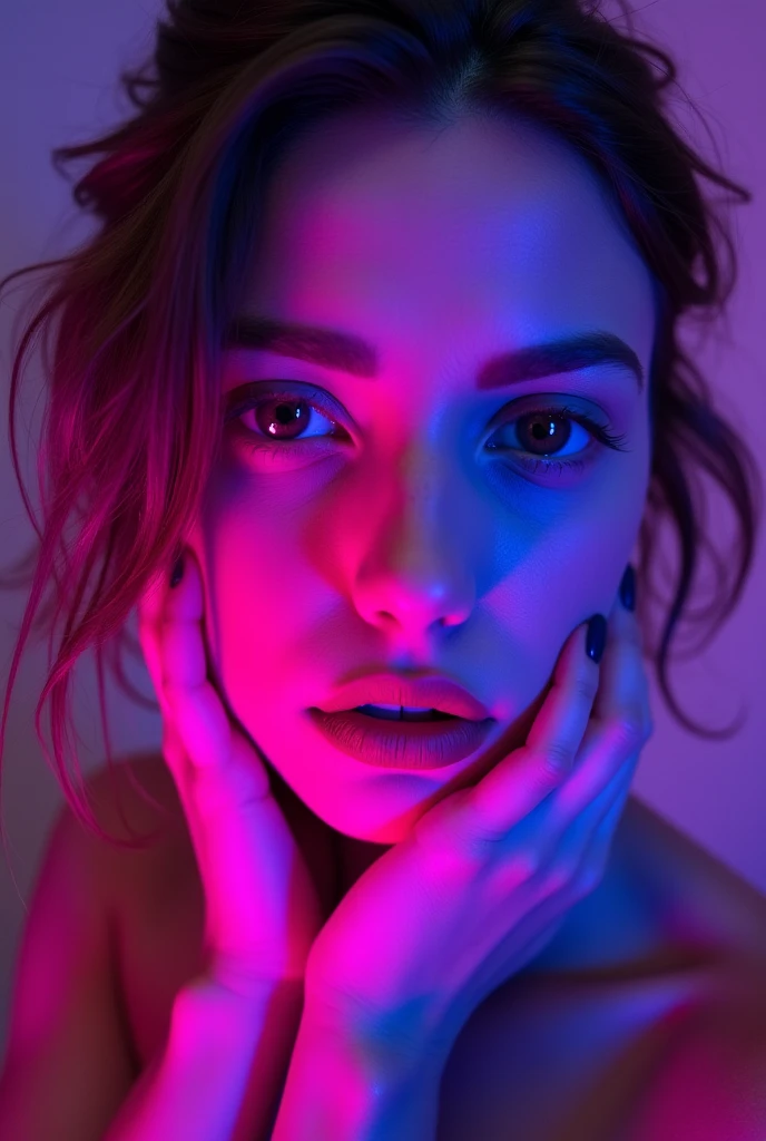 beautiful woman with "lustful yandere expression", purple lighting, woman's hands on her checks, close-up looking at the viewer.