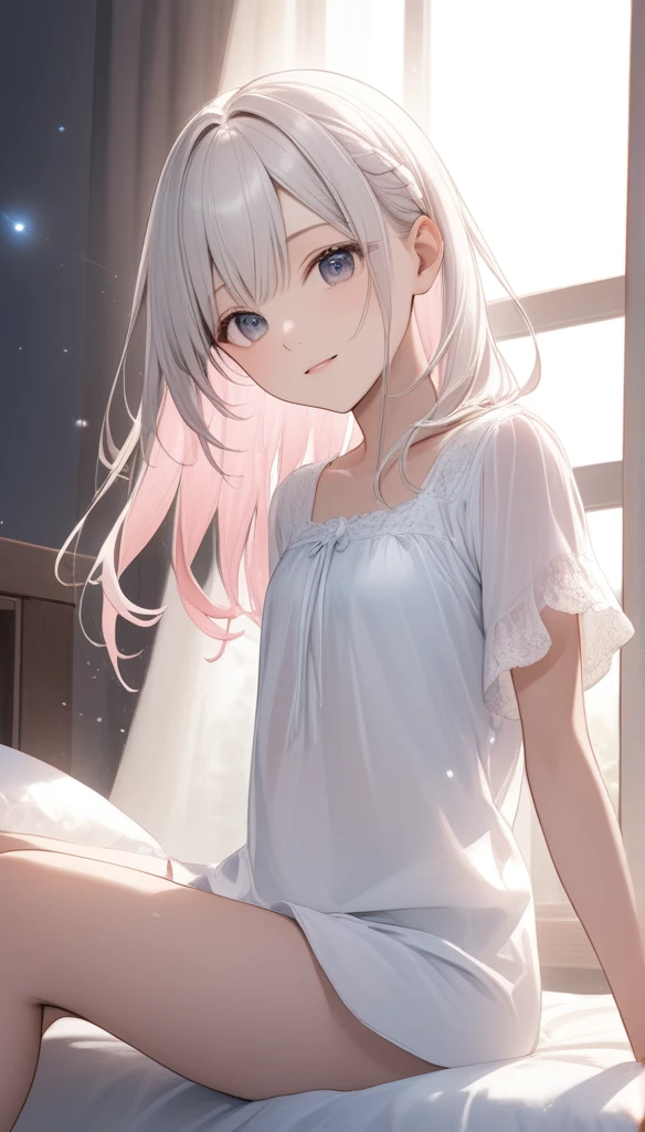 (masterpiece, best quality), hyperdetailed, clean lines, one girl,15 years old, blush, ash_hair, (silver_hair:1.3), thin hair clip, cyan colorshift eyes, expressive eyes, collarbone, smile, morning, sunshine, pink_camisole, (full shot), my room ,on the bed, wariza,