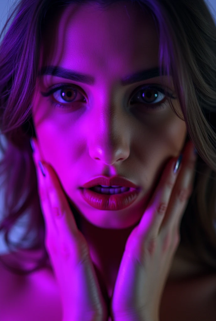 beautiful woman with "lustful crazed yandere expression", purple lighting, woman's hands on her checks, close-up looking at the viewer.