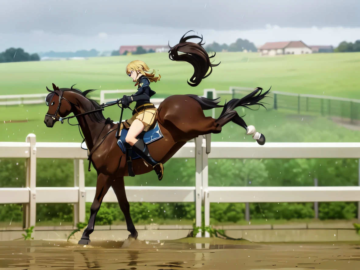 ((best quality)), ((anime masterpiece)), (high detailed), 8k, cinematic lighting, perfect face, surprised face:1, a young female knight riding a HORSE, horse falling, in the mud, raining, open mouth:0.1, (blue eyes, long hair, {blonde hair}, large breast), (brown armor, black gloves, miniskirt, bare legs, silver greaves), (brown horse, saddle, reins, bridle, stirrups), splashes,  solo, both hand holding rein, from side: 1.2, anatomically correct 