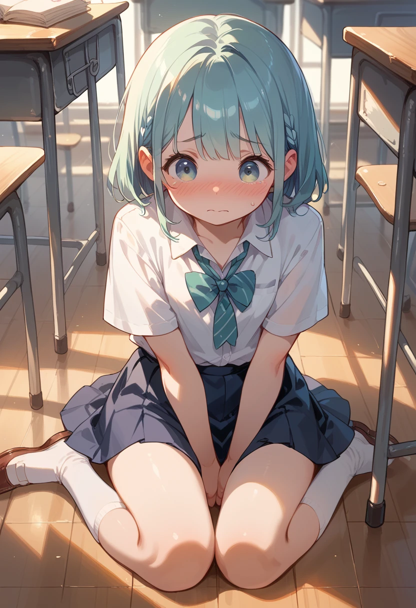 The cute, undressed human was made to sit on the floor of the classroom with her legs spread in an M-shape, facing forward with an embarrassed look on her face.