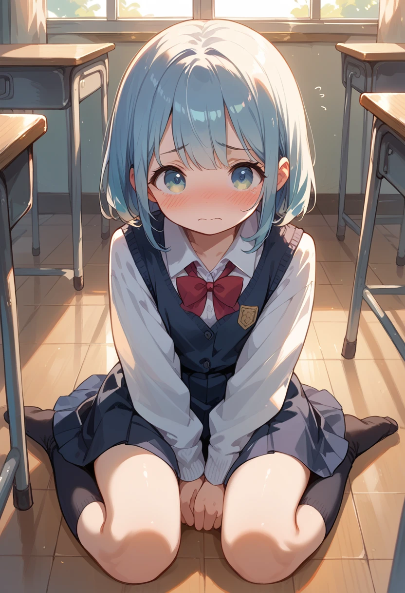 The cute, undressed human was made to sit on the floor of the classroom with her legs spread in an M-shape, facing forward with an embarrassed look on her face.