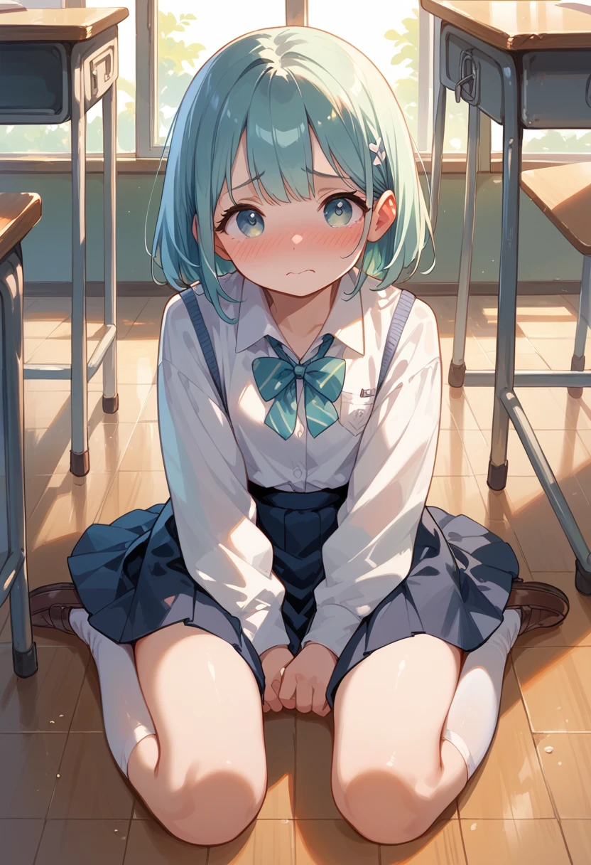 The cute, undressed human was made to sit on the floor of the classroom with her legs spread in an M-shape, facing forward with an embarrassed look on her face.