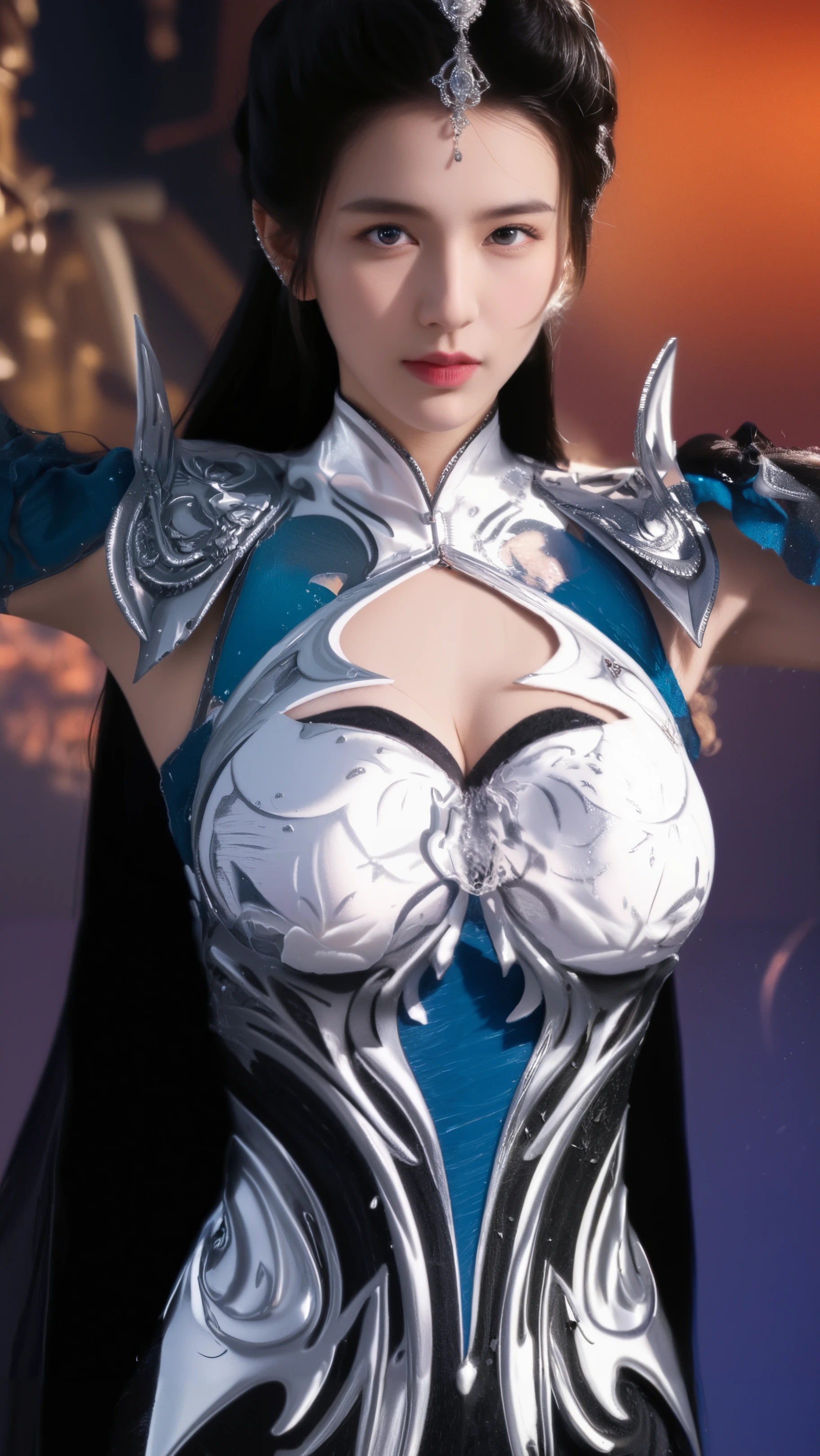 1girl, depth of field, official art, unity 8k wallpaper, ultra detailed, illustration, beautiful and aesthetic, masterpiece, best quality, knight, (big breasts), (milf, mature female), (black armor, armor, breastplate), beautiful face, (long hair, black hair, very straight hair:1.4, hime cut:1.4), blue eyes, cowboy shot, glowing skin, back lighting, athletic figure, muscular female, curvy, wide hips, colorful, looking at viewer, Hyperrealistic, gradient background, dark background, outline, fantasy, from the front, watercolor, traditional media, (chromatic aberration, intricate details)