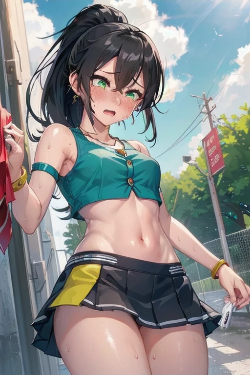 Wind horse_local,Medium chest,Black Hair,Long Hair,ponytail,Green Eyes,(Cheerleader, Crop top, Ultra mini skirt, Bare shoulders) ,(Sweaty, glistening skin:1.1), Outdoor,SunLight, spotLight effect,Bright sky, Blue sky and white clouds,Strong winds,(High resolution, high quality:1.1), Intricate details, Light, 1 girl,(blush,cry),(necklace, bracelet),(Remote Gaming:1.2), (Secluded_Vibrate:1.2), ((Press and hold the button at the bottom left of the screen:1.3))、