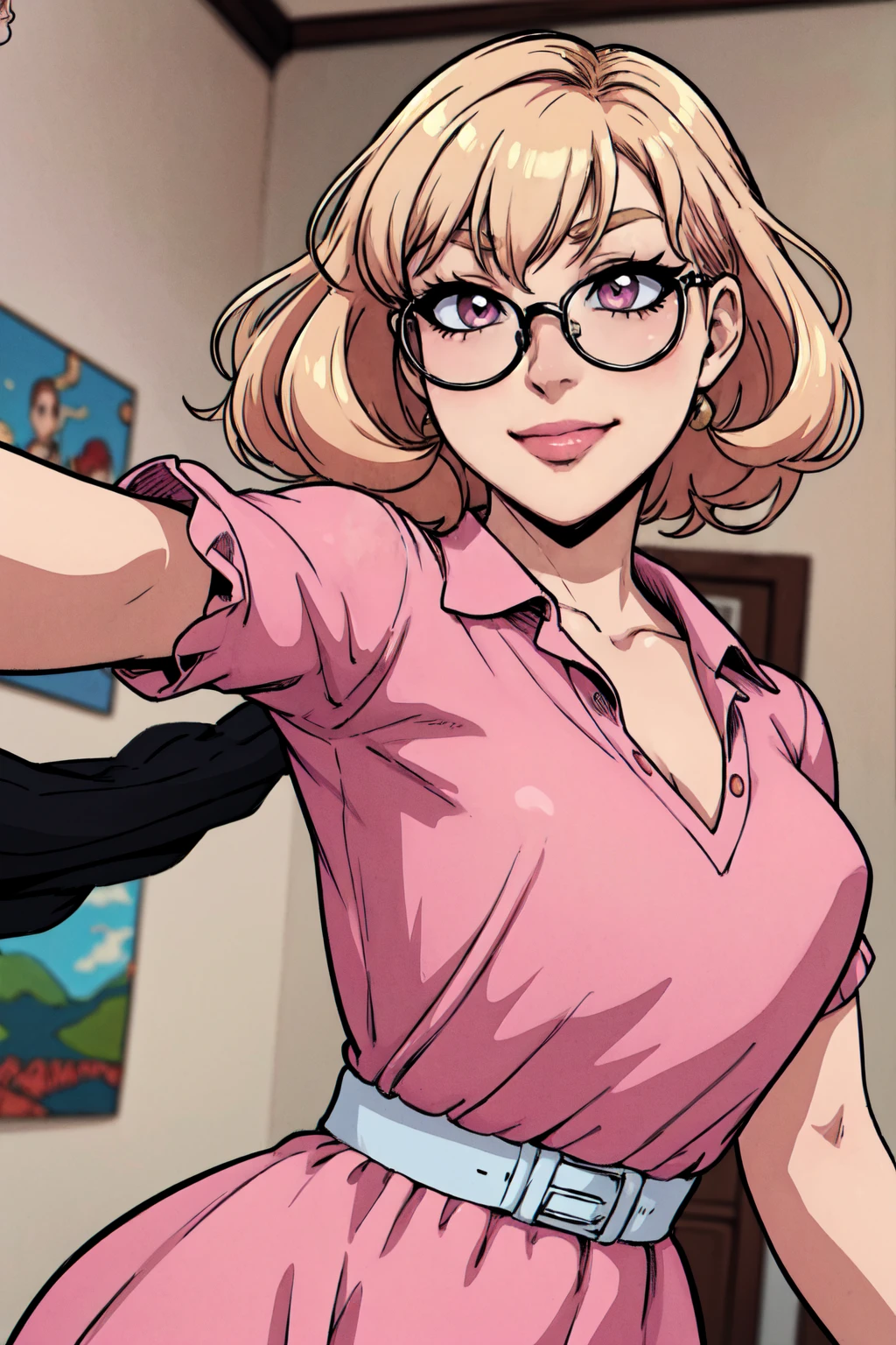 {-erro_de_anatomia:1.0}(best quality,4k,8k,highres,masterpiece:1.2) Anime girl tuxedo with curly hair, blond hair and round gold glasses, rose gold eyes. Guviz style art, attractive detailed art style, Charlie Bowater Style, 1 7 - year - old cute anime girl, detailed manga style, detailed anime character art, germ of art. High detail, stunning manga art style. Rose dress. (pink dress) . Wearing rose gold Victorian clothing, dynamic poses, smile. Different Pose, upper body, sitting