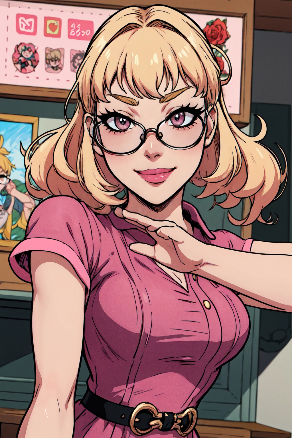 {-erro_de_anatomia:1.0}(best quality,4k,8k,highres,masterpiece:1.2) Anime girl tuxedo with curly hair,  blond hair and round gold glasses, rose gold eyes. Guviz style art, attractive detailed art style, Charlie Bowater Style, 1  cute anime girl, detailed manga style, detailed anime character art, germ of art. High detail, stunning manga art style. Rose dress. (pink dress) . Wearing rose gold Victorian clothing, dynamic poses, smile. Different Pose, upper body