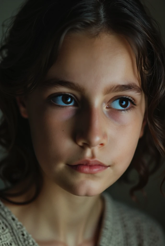 A 9-year-old boy with long black hair, white skin, blue eyes