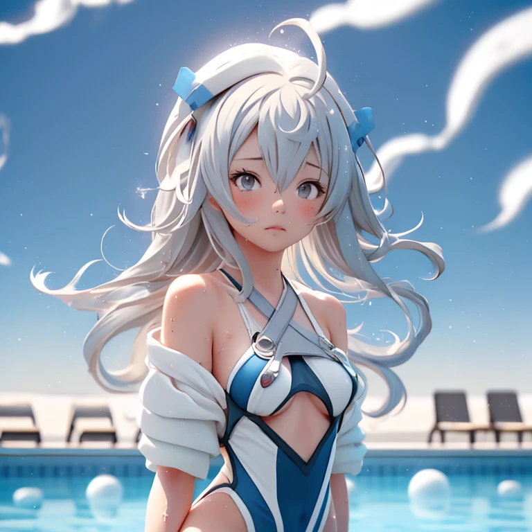 masterpiece, Best Quality, there is nothing, 1 girl, Alone, small Tits, Long Hair, Grey Eyes, Gray Hair, Ahoge, bangs, Hair between the eyes, Floating Hair, One piece swimsuit, small , Wet, Poolside, Wet, sweat,