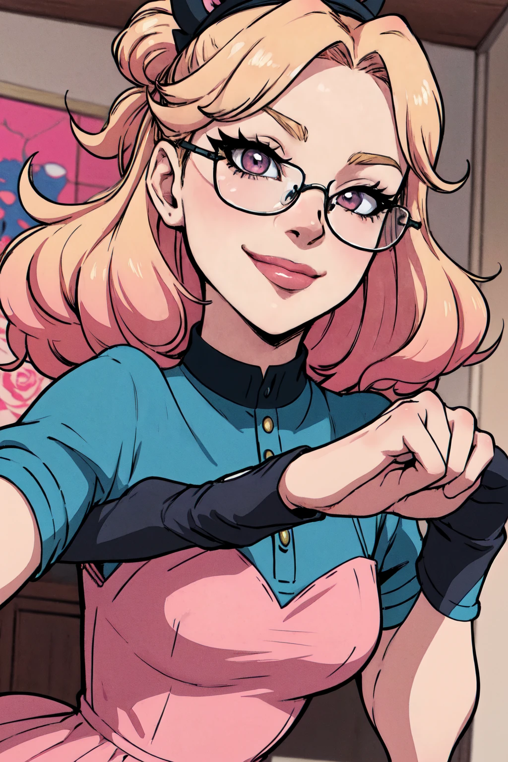 (best quality,4k,8k,highres,masterpiece:1.2) Anime girl tuxedo with curly hair, blond hair and round gold glasses, rose gold eyes. Guviz style art, attractive detailed art style, Charlie Bowater Style, 1 cute anime girl, detailed manga style, detailed anime character art, germ of art. High detail, stunning manga art style. Rose dress. (pink dress) . Wearing rose gold Victorian clothing, dynamic poses, smile. Different Pose, upper body