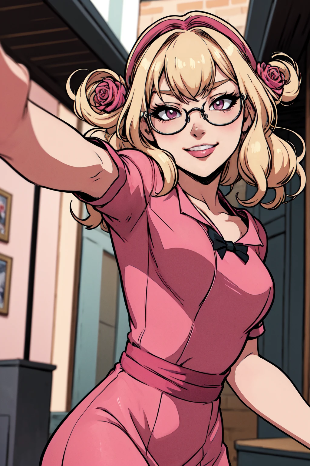 (best quality,4k,8k,highres,masterpiece:1.2) Anime girl tuxedo with curly hair, blond hair and round gold glasses, rose gold eyes. Guviz style art, attractive detailed art style, Charlie Bowater Style, 1 cute anime girl, detailed manga style, detailed anime character art, germ of art. High detail, stunning manga art style. Rose dress. (pink dress) . Wearing rose gold Victorian clothing, dynamic poses, smile. Different Pose, upper body