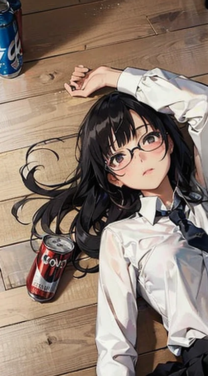 a anime girl in black and white  laying on the floor next to energy drink cans , 1girl, can, glasses, solo, white shirt, shirt, on floor, black hair, blush, long sleeves, long hair, wooden floor, beer can, skirt, collared shirt, bangs, black skirt, closed mouth, necktie, lying