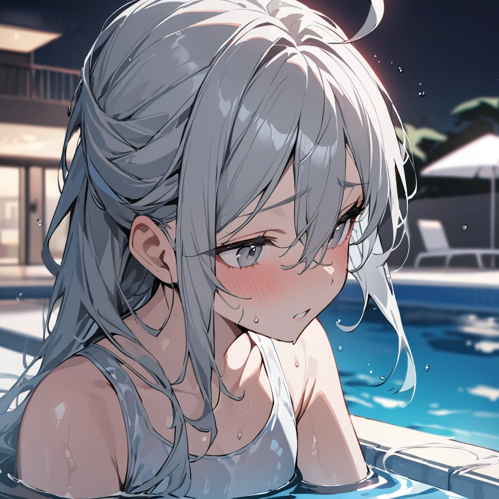 masterpiece, Best Quality, there is nothing, 1 girl, Alone, small Tits, Long Hair, Grey Eyes, Gray Hair, Ahoge, bangs, Hair between the eyes, Floating Hair, One piece swimsuit, small , Wet, Poolside, Wet, sweat,