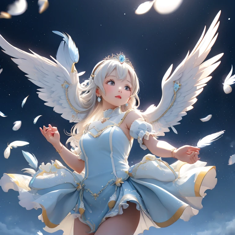 And white drops fall from the sky、Angel Wings、Angel Halo、Mysterious ,Looking from below,Blue Dress,White frills,Tiara,Earrings,Hands outstretched,Many feathers fluttering