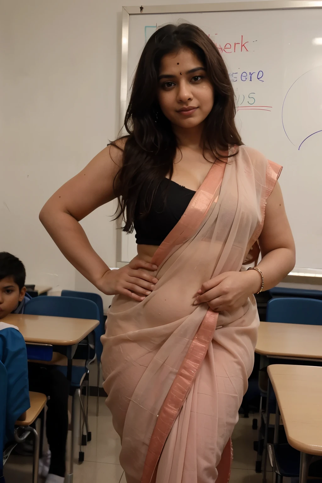 Thick naked Indian female teacher, beautiful, pretty, wearing traditional saree, sitting by spreading legs, revealing pussy, high school students kids doing sex with her, gangbang, lot of students, school students fucking woman, crowd area, rape, in classroom, brutal sex, cum everywhere,