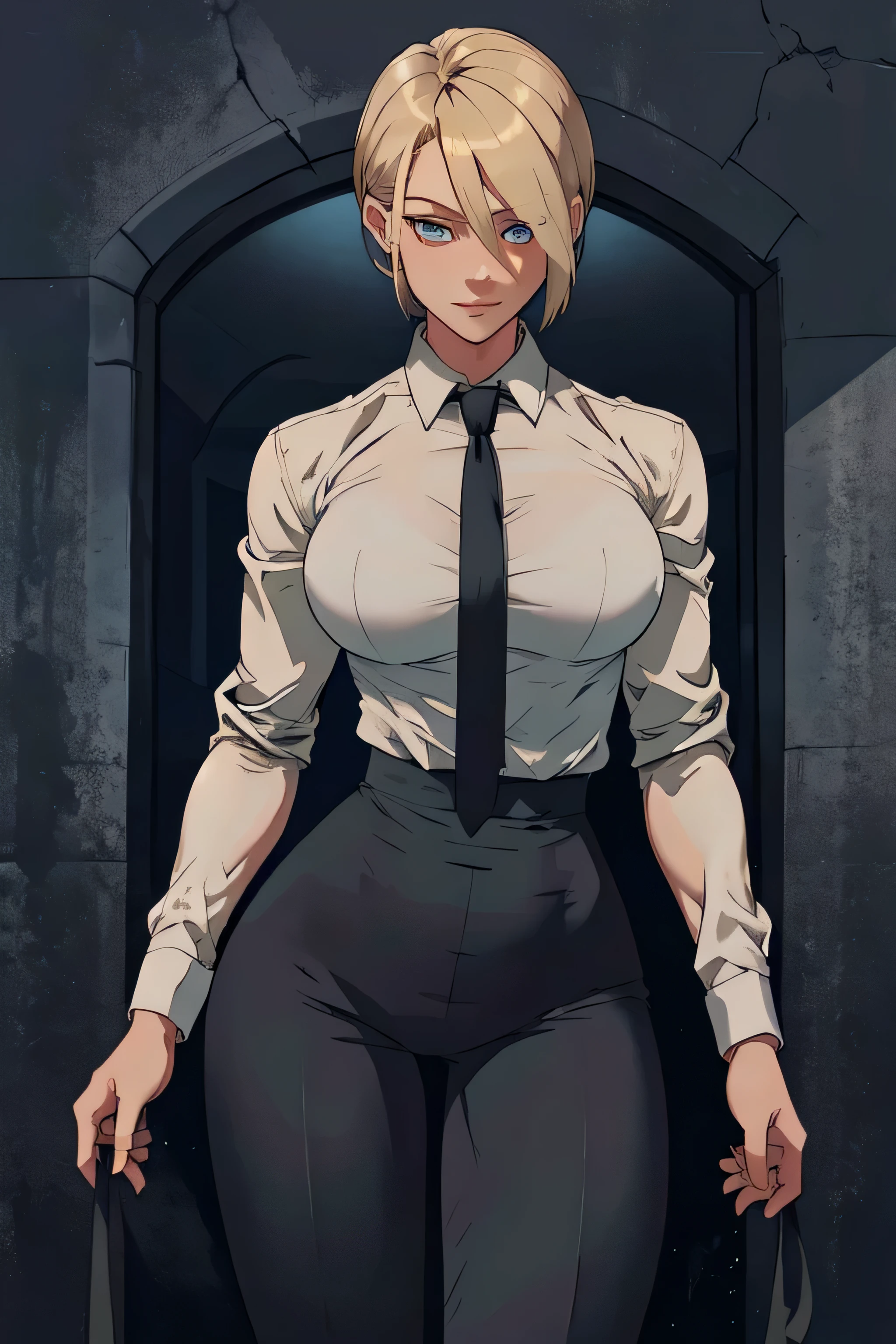 Girl with short blonde hair, blue eyes, wearing A white dress shirt, breasts, with a black tie, defined body, wearing black dress pants, defined waist, hips, collared shirt