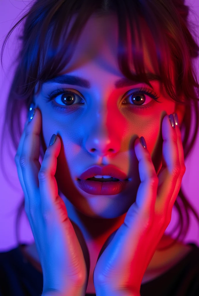 beautiful woman with "crazed Yandere expression", slight head tilt, purple lighting, woman's hands on her checks near her eyes, close-up looking at the viewer.