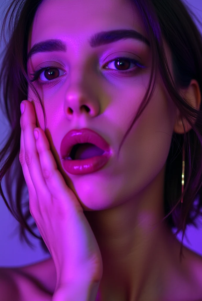 beautiful woman with "crazed Yandere expression", slight head tilt, purple lighting, woman's hands on her checks near her eyes, close-up looking at the viewer.