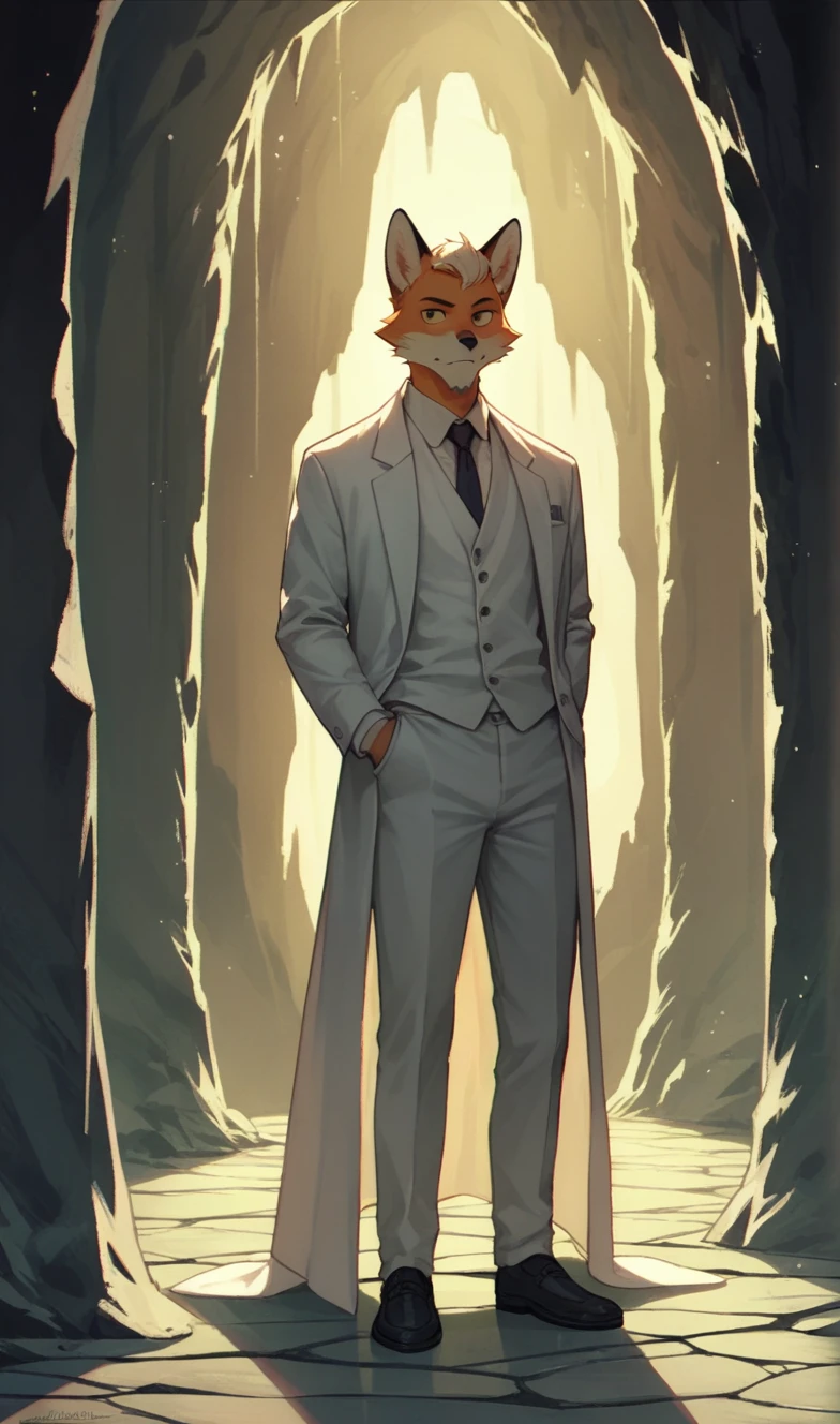 A fox cave, with short beard, white suit, Pompadour hairstyle standing at night in low lighting.