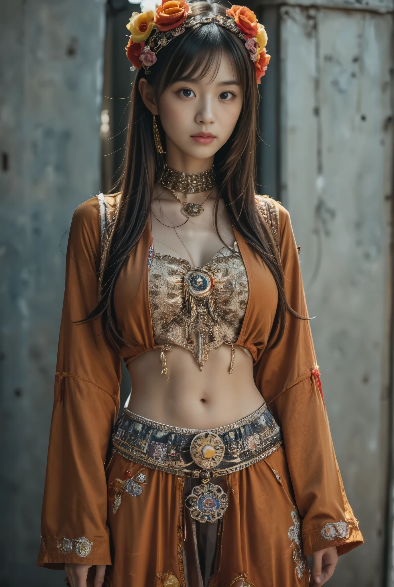 photo of Japanese girl, 1girl, long hair, brown hair, 

The image features a woman set against a rustic concrete wall emanating a gritty texture. She is posed sitting, yet positioned in a dynamic and somewhat theatrical manner. Her attire is lavish, hinting at bohemian elements; it includes layered skirts with a fusion of earthy colors, a textured top adorned with embellishments, beads, and a decorative headpiece which adds a dramatic flair to her ensemble. Her makeup is bold, emphasizing her eyes and pale skin, contrasting with her dark hair and the soft yet fierce expression on her face. This setup and styling, combined with the desaturated tones of the background, evoke a mood of rustic fashion and artistic expression. The woman's intense gaze away from the viewer invites speculation about her thoughts, adding a layer of intrigue to the image.