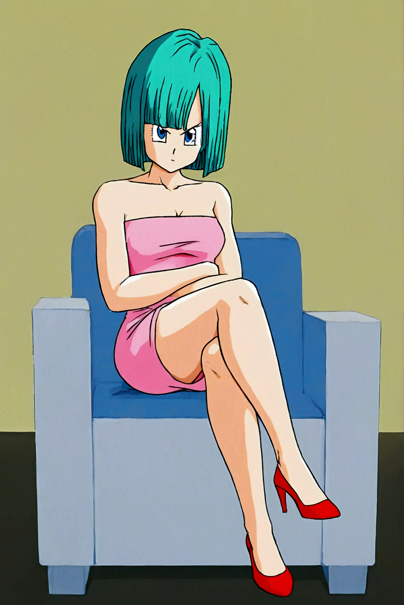 Bulma, Short hair, green hair, bob cut, blue eyes, 1 girl, alone, bare shoulders, strapless, medium chest, Pink shirt, pink miniskirt, sitting on a sofa, full body, bare legs with red heels, crossed legs ,serious girl