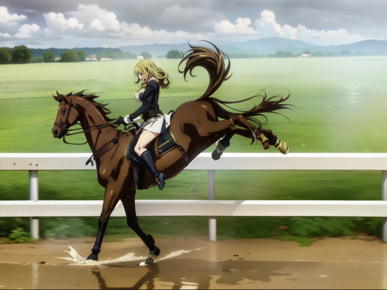 ((best quality)), ((anime masterpiece)), (high detailed), 8k, cinematic lighting, perfect face, surprised face:1, a young female knight riding a HORSE, horse falling, in the mud, raining, open mouth:0.1, (blue eyes, long hair, {blonde hair}, large breast), (brown armor, black gloves, miniskirt, bare legs, silver greaves), (brown horse, saddle, reins, bridle, stirrups), splashes,  solo, both hand holding rein, from side: 1.2, anatomically correct 