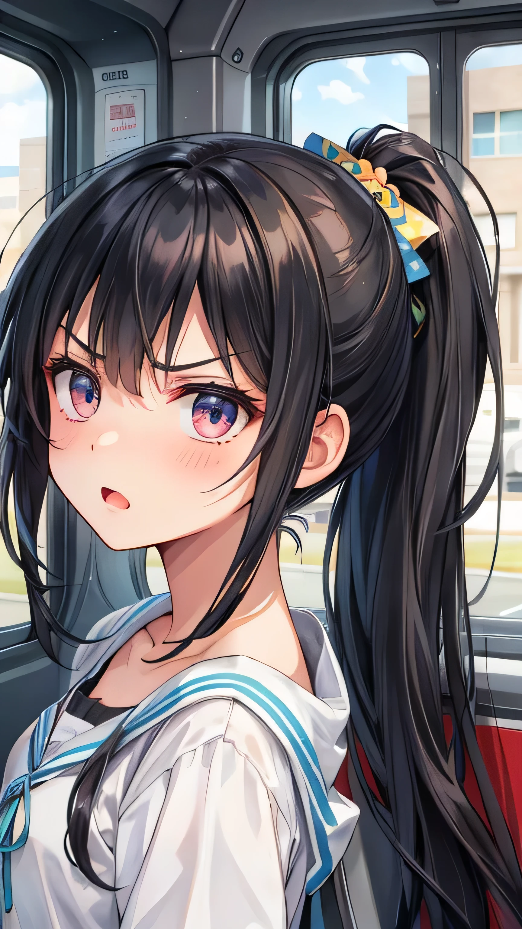 One person、Long Hair、、Black Hair、With bangs、6 girl、small、1st gradce、smile、Big eyes、barefoot、black eye、thin、Very small breasts、School uniforms、身長のsmall、((In the car))、Luxury vehicles、Bare Skin、Show the whole body、