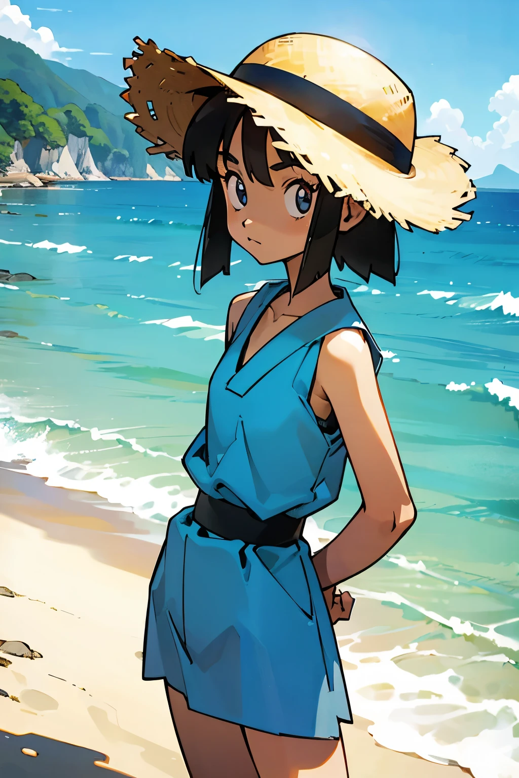 by Ken Sugimori, sugimori 1990s, ((only 1man)), sun hat, swim trunks, ((hands behind their back)), full black pupils, manga, best quality, highly detailed, clean lines, cowboy shot, good hands, good eyes, hd, 8k, professional, symmetrical, hires, 8k,