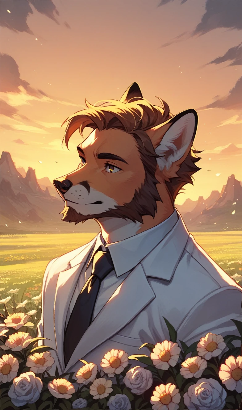 A fox cave, with short beard, white suit, Pompadour hairstyle, field of flowers, sunset clouds, bottom, Evening, low lighting.