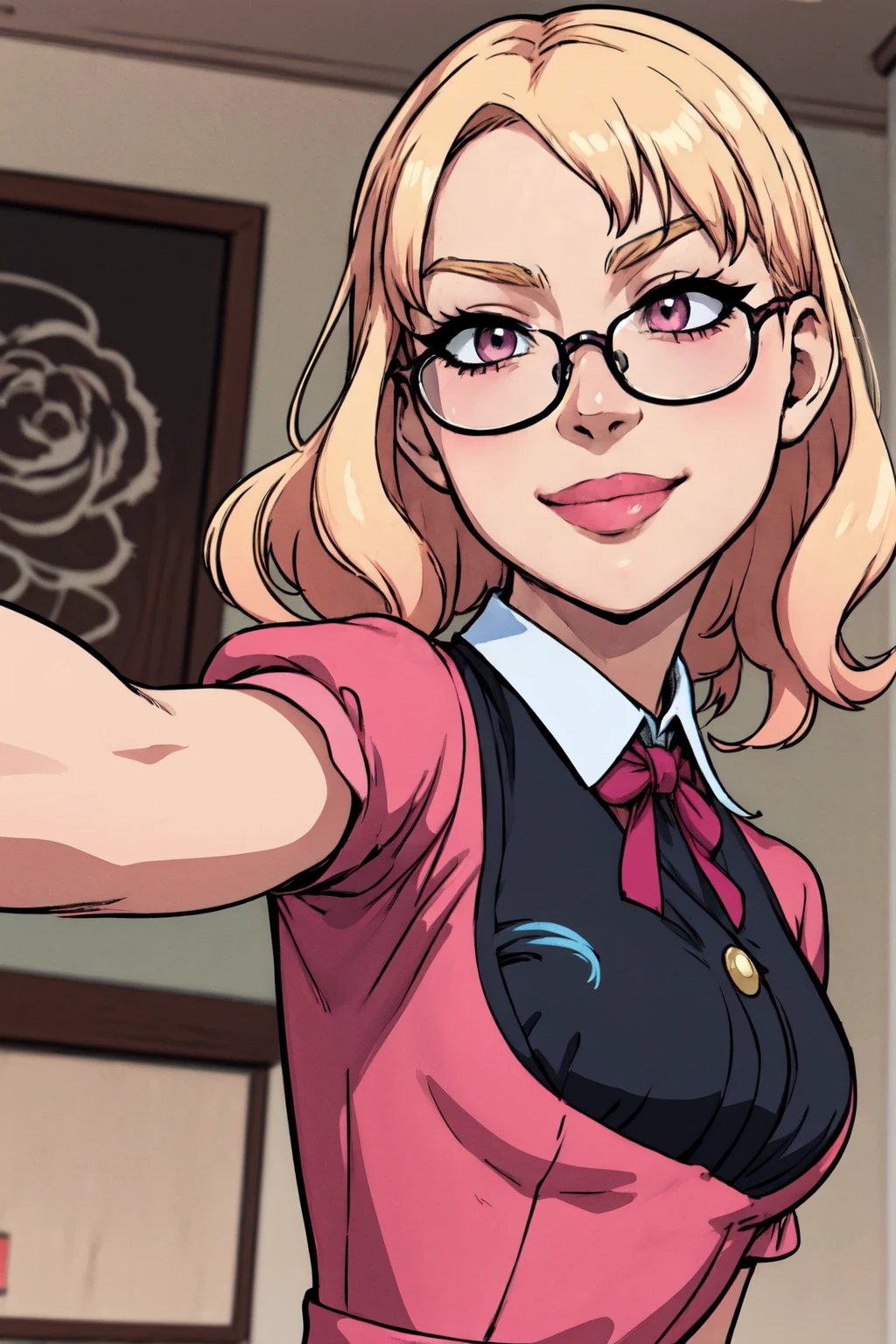 (best quality,4k,8k,highres,masterpiece:1.2) Anime girl tuxedo with curly hair, blond hair and round gold glasses, rose gold eyes. Guviz style art, attractive detailed art style, Charlie Bowater Style, 1 cute anime girl, detailed manga style, detailed anime character art, germ of art. High detail, stunning manga art style. Rose dress. (pink dress) . Wearing rose gold Victorian clothing, dynamic poses, smile. Different Pose, upper body