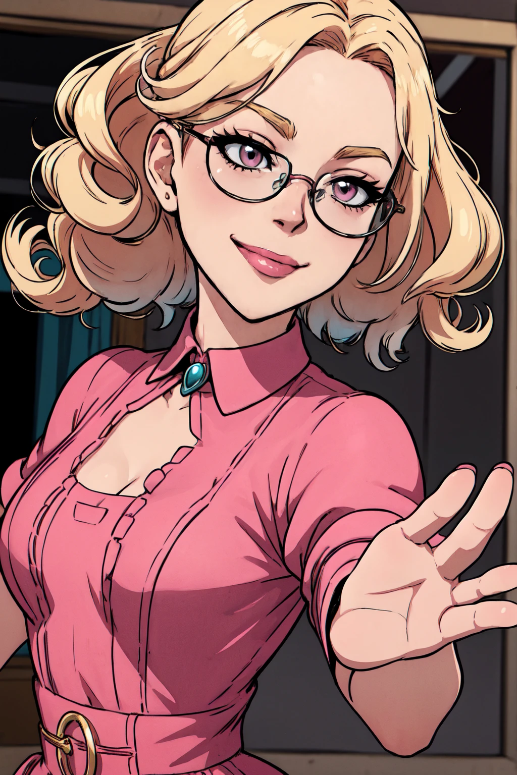 (best quality,4k,8k,highres,masterpiece:1.2) Anime girl tuxedo with curly hair, blond hair and round gold glasses, rose gold eyes. Guviz style art, attractive detailed art style, Charlie Bowater Style, 1 cute anime girl, detailed manga style, detailed anime character art, germ of art. High detail, stunning manga art style. Rose dress. (pink dress) . Wearing rose gold Victorian clothing, dynamic poses, smile. Different Pose, upper body