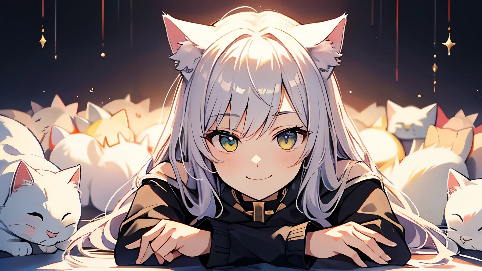 white hair, curly hair, rolling eyes, smile, cat ears, Romanticism, anime, anime style, chiaroscuro, UHD, textured skin, high details, 1080P --auto