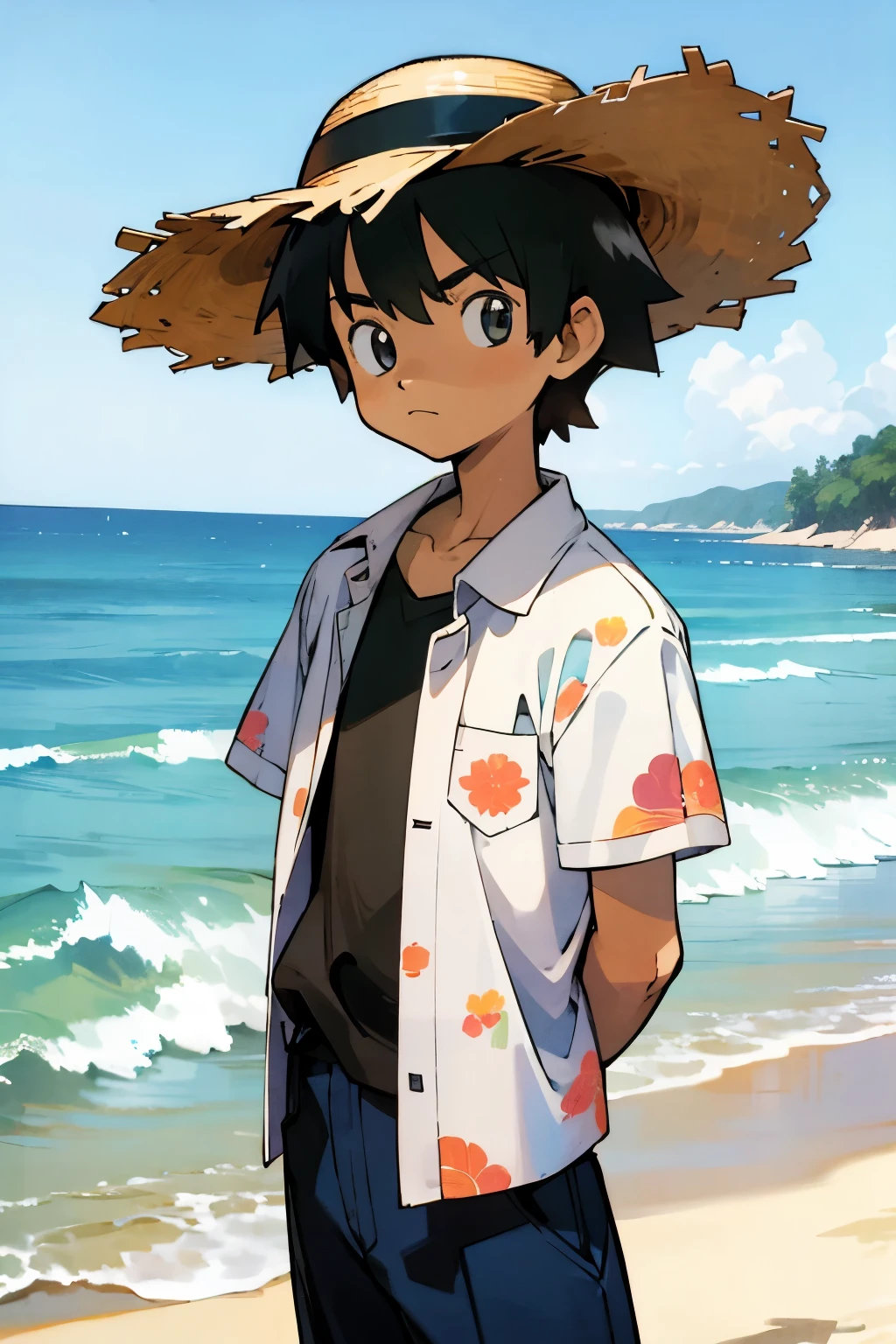 by Ken Sugimori, sugimori 1990s, ((only 1boy)),  child, tan, wide straw hat, sunglasses, ocean in the background, floral shirt, ((hands behind their back)), full black pupils, manga, best quality, highly detailed, clean lines, cowboy shot, good hands, good eyes, hd, 8k, professional, symmetrical, hires, 8k,