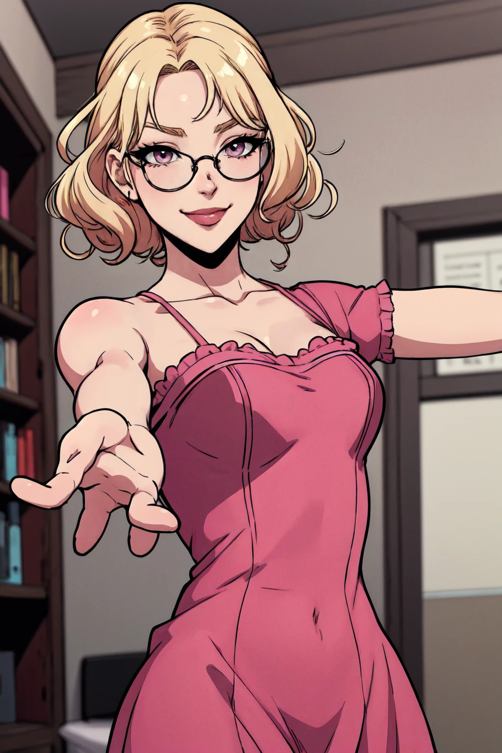 (best quality,4k,8k,highres,masterpiece:1.2) Anime girl tuxedo with curly hair, blond hair and round gold glasses, rose gold eyes. Guviz style art, attractive detailed art style, Charlie Bowater Style, 1 cute anime girl, detailed manga style, detailed anime character art, germ of art. High detail, stunning manga art style. Rose dress. (pink dress) . Wearing rose gold Victorian clothing, dynamic poses, smile. Different Pose, upper body