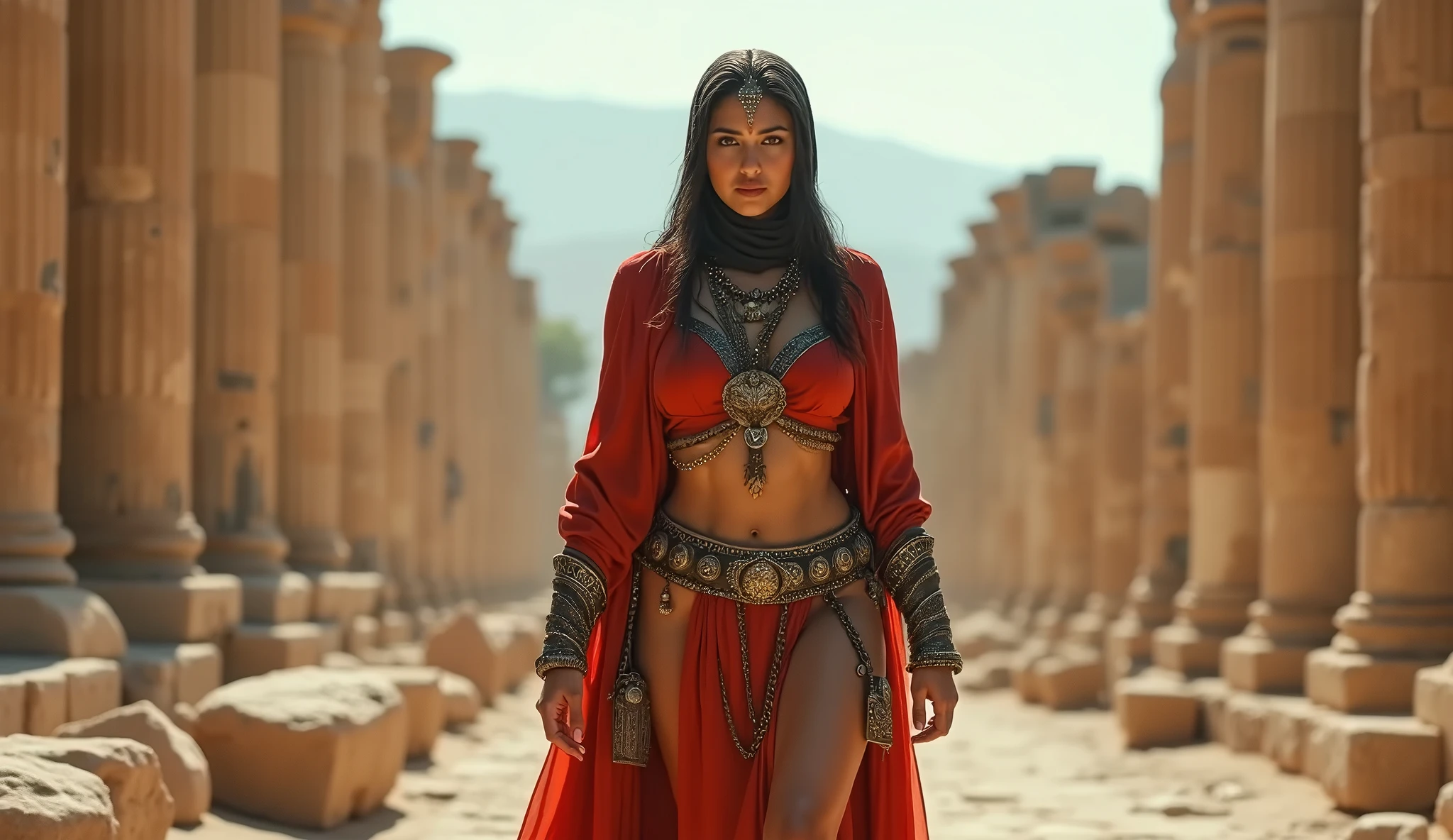 Desert Alfed woman with staff and desert landscape, desert fighter ancient mage, she is holding a long staff, Sand desert fantasy, beautiful female witch, sorceress woman, beautiful female witch, beautiful female sorceress, fantasy character photo, Mago da Terra Feminino, beautiful sorceress female, maya ali sorceress