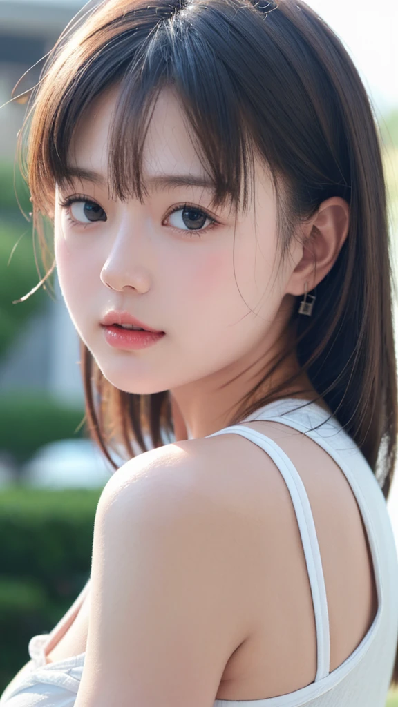 ((cute日本の女の子、Beautiful Japanese Girl、One Girl、19 years old、Highly detailed face and skin texture、Ultra detailed face、Ultra-detailed eyes、cheek、cheekを塗ったピンクの頬、Woman close up、breast enhancement、frontage、cute、Smooth white skin、Transparent to the touch、))、(Dark brown hair、Bans)、Looking into the camera、Beautiful woman with perfect style:1.4、Japanese Model、Young Gravure Idol、若いcuteグラビアアイドル、リアルなYoung Gravure Idol、Sophisticationされたグラビアアイドル、((highest quality、In 8K、masterpiece:1.3))、(4K、Raw photo、highest quality)、(Realistic、フォトRealistic:1.37)、Putting people behind the screen、Natural soft light、ponytail、Upper body and head、Sophistication