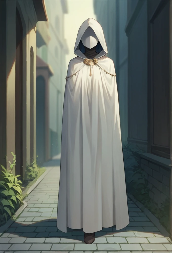 , 1girl, female, solo, long cape sleeves, sleeves covered hands, no hands, dress, cape covered body , cape, white cloak, hood up, white robe, mask covered face, hooded cloak, masterpiece, best quality, sidewalk , standing 