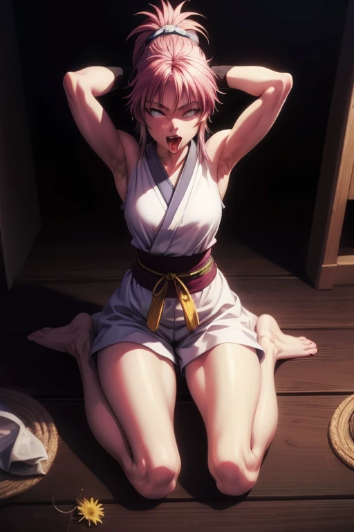 masterpiece, Best Quality,  Unreal Engine,  super resolution, Very detailed, 
japanese clothing,Runny nose,  stick out your tongue, no underwear,Small Breasts, no eyeballs, For the audience, looking at the audience, [tired, from below, (Exposed Armpits:1.1), ((Armpits:1.2)), Sweating, More and more sweat,(enthusiast ), (翻White eyes), open your mouth, stick out your tongue, saliva, Drooling,slim, raise arms, (raise arms above your head:1.5), (muscle:1.2),White eyes, White eyes球, syncope, 翻White eyes,Kneel down,Open your legs,Black Hair,small face,Small head.
beautiful woman, March, short kimono, Heart, Gorgeous belt, fingerless gloves, bike shorts, ponytail,hair_ornament, vivid expression, healthy body, Smooth skin, Depicted by Heart, 

([humidity:1.5), beautiful eyes, (charming face:1.2), (beautiful skin), Tight waist, (Big Boobs), (Sweat), dynamic poses, 

In the world of Hunter Hunter, Outdoor, slums at night,