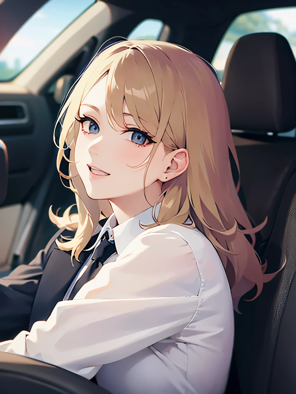 detailed illustration, dynamic angle, ultra-detailed, illustration, 1girl, long wavy blonde hair, long hair, bright blue eyes, hair clip, cleavage, medium breasts, winter, in a car, smiling, sitting in the car, passenger's seat, feet up, happy